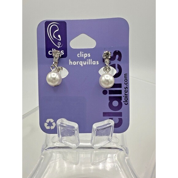 Claire’s Clip-On Faux Pearl Drop Earrings Vintage Style Rhinestone Accent New Ca - Picture 2 of 4